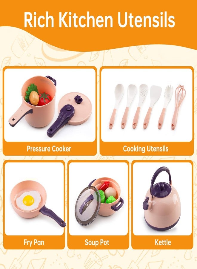 Zero Zoo 60Pcs Kids Mini Play Kitchen Accessories, Pretend Cooking Play Set with Cookware, Tableware & Fruit & BBQ Sets, Learning Gift for Boys, Girls, Toddlers,Pink - Image 5